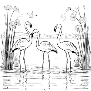 Zwei elegante Flamingos im schimmernden Wasser Ausmalbild für fantasievolle Wasserfreunde
