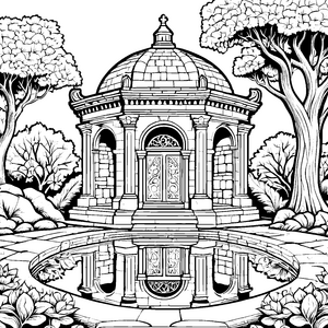 Verzauberter Pavillon am glitzernden Teich Ausmalmotivation für kleine Abenteuerlustige und fantasievolle Künstler