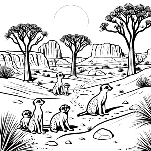 Drei neugierige Erdmännchen Jungtiere beobachten den Sonnenaufgang Ausmalbild für aufgeweckte Entdecker und kreative Naturfreunde