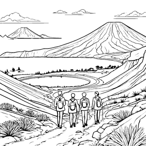 Abenteuerliche Vulkanlandschaft mit Entdeckern Ausmalbild für junge Naturforscher