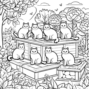 Verspielte Schmusekatzen auf bunten Kisten Ausmalbild für neugierige Katzenfreunde
