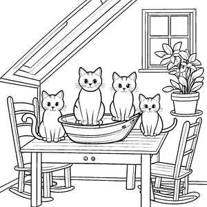 Schmusekatzen auf bunter Tischdeko Ausmalbild für kleine Katzenfreunde