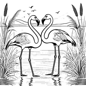 Zwei charmante Flamingos im Wasser mit Reeds Ausmalmotiv für fantasievolle Künstler