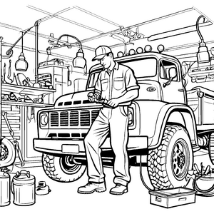 Mechaniker bei großem Lkw im Werkstatt-Ambiente Malvorlage für neugierige Bastler