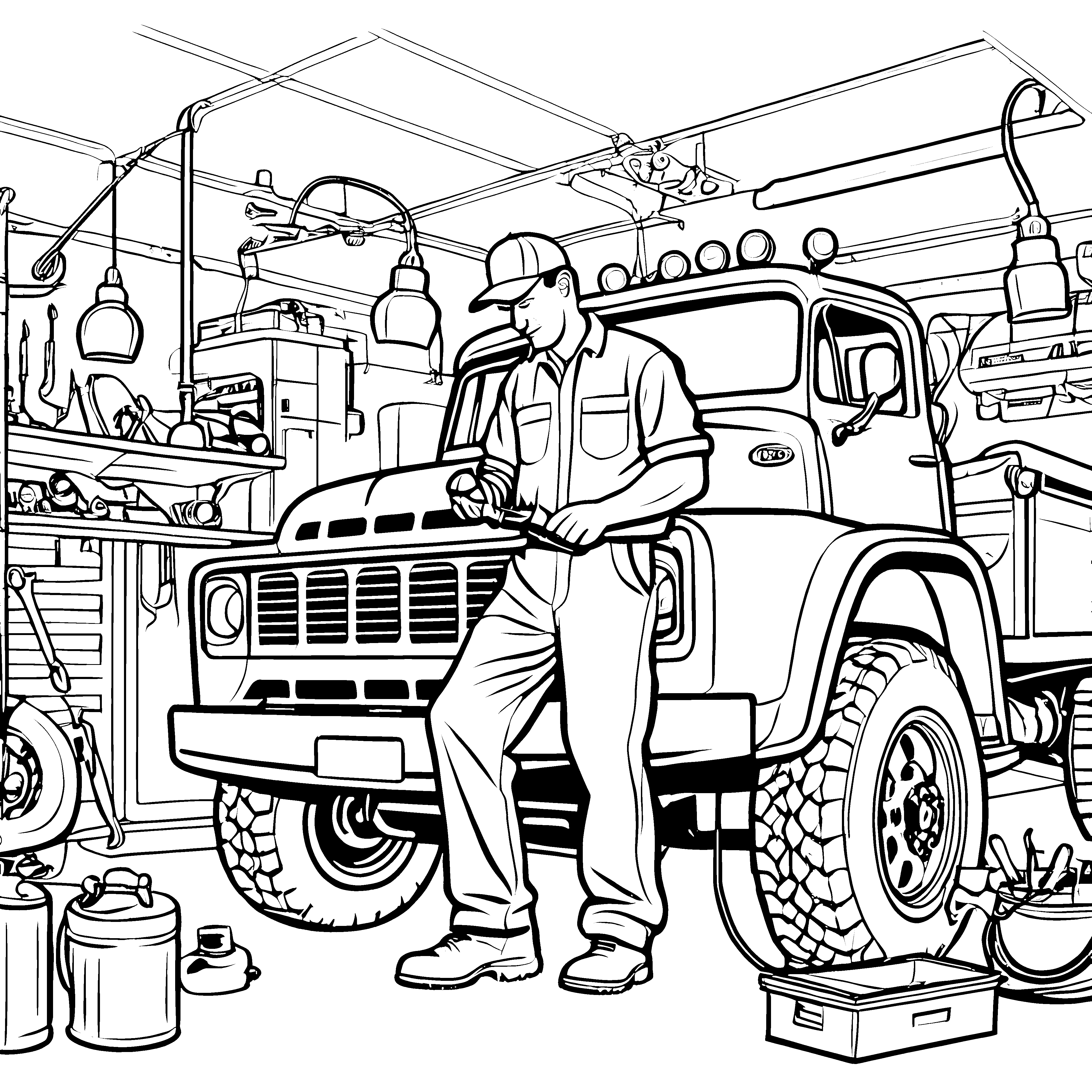 Mechaniker bei großem Lkw im Werkstatt-Ambiente Malvorlage für neugierige Bastler