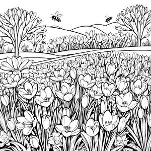 Faszinierende Krokusse mit summenden Bienen Ausmalvorlage für kleine Naturabenteurer mit blühenden Ideen