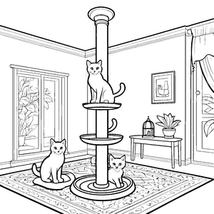 Drei aufgeweckte Katzen auf fantastischem Kratzbaum Malvorlage für neugierige Katzenliebhaber