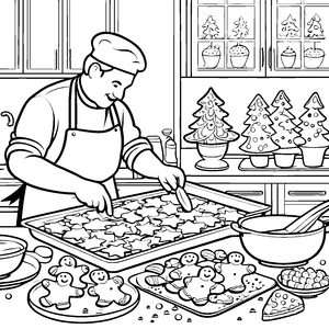Lebkuchenmann-Bäcker im Weihnachtszauber Ausmalbild für fantasievolle Genussfreunde
