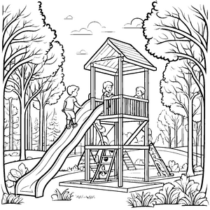 Vielseitiger Spielplatz mit schwingenden Freunden und Rutsche Ausmalmotiv für abenteuerliche Entdecker