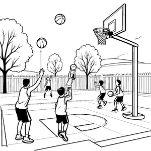 Dynamische Basketballspielende Kinder auf dem Platz Ausmalvorlage für energiegeladene Sportfreunde