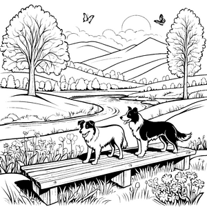 Zwei neugierige Border Collies beim Spaziergang Ausmalvorlage für abenteuerliche Tierfreunde