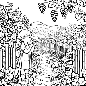 Saftige Johannisbeeren am kreativen Zaun Ausmalbild für kleine Gartenabenteurer