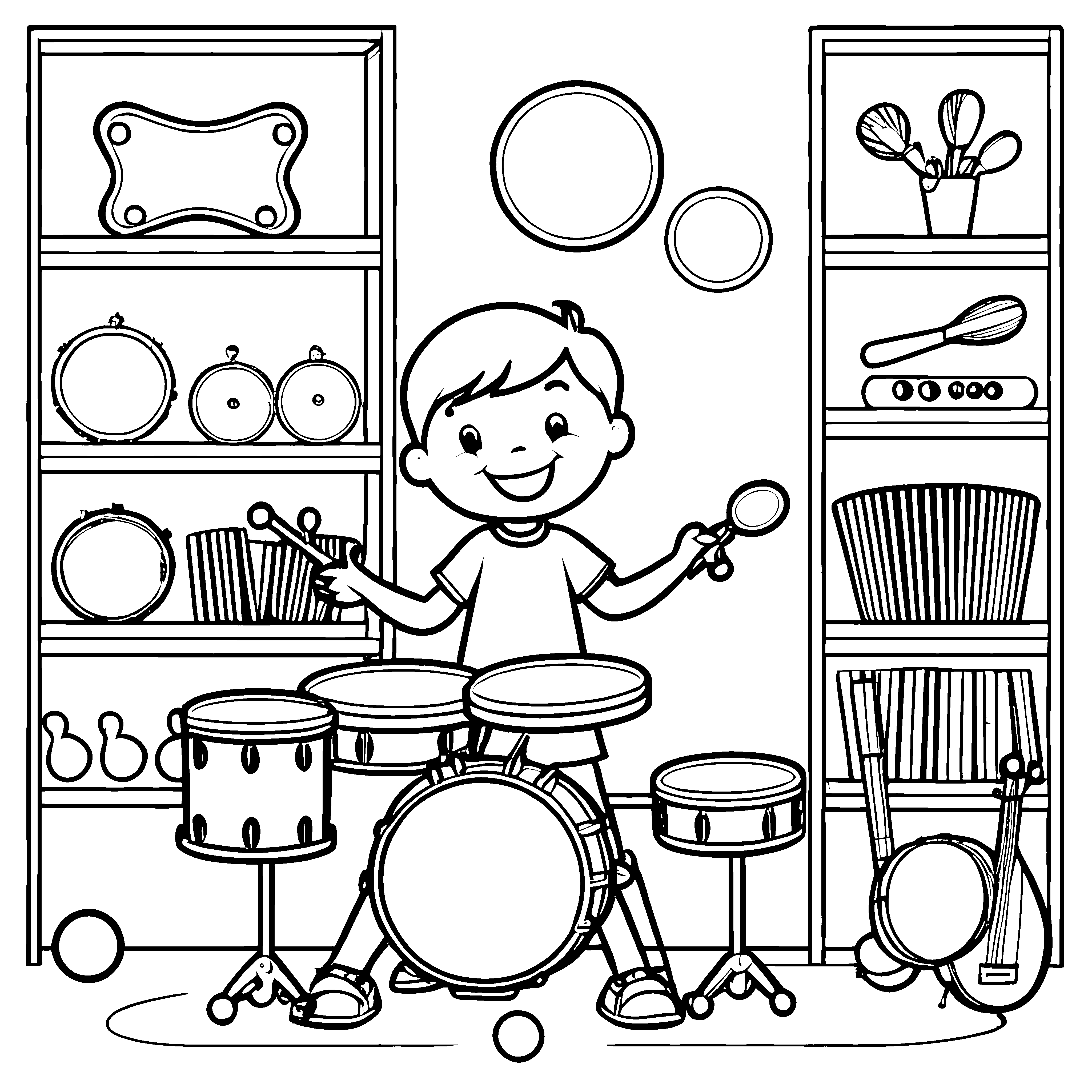 Fröhlicher Junge mit Spielzeugtrommel im Spiel Ausmalbild für kleine Rhythmus-Entdecker