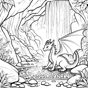Magischer Drache am sprudelnden Wasserfall Ausmalmotiv für neugierige Fantasten