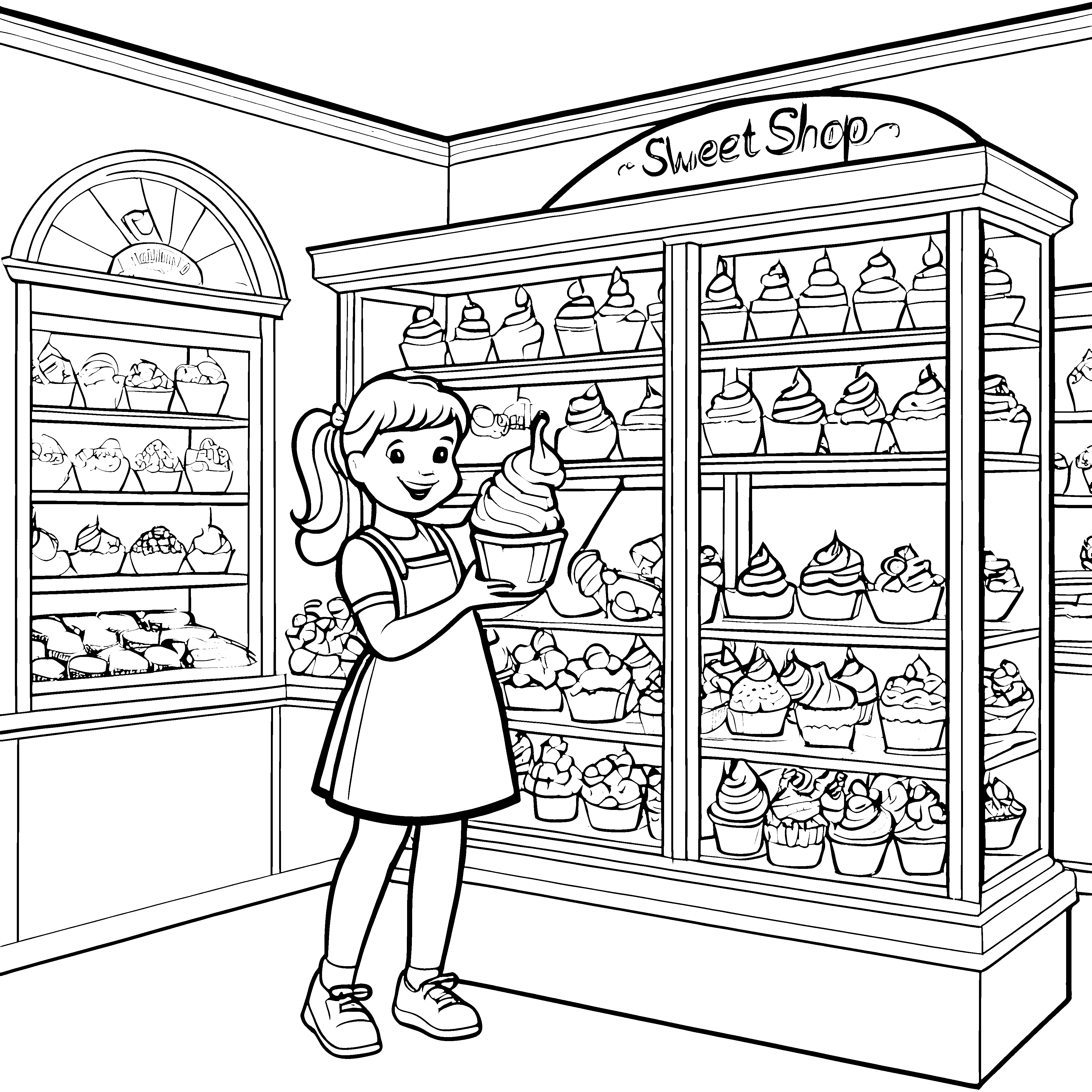 Verführerische Cupcakes in buntem Schaufenster Ausmalbild für kleine Naschkünstler auf sündenfreier Genussreise