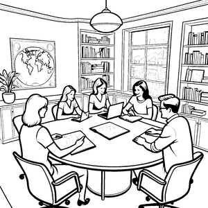 Stimmungsvolle Diskussion an rundem Konferenztisch Ausmalbild für neugierige Ideenfänger