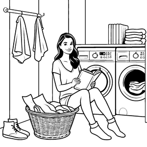 Bezaubernde Lesestunde mit Waschmaschine und Bücherfreundin Ausmalmotiv für fantasievolle Geschichtenerzähler