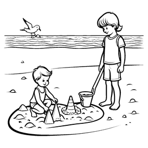 Kreative Sandburgenbauer am Strand Ausmalbild für kleine Baukünstler