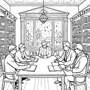Philosophenrunde am antiken Tisch Ausmalbild für kreative Denker