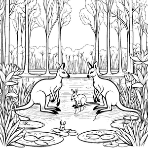 Zwei neugierige Känguru-Jungtiere am Teich Ausmalbild für kleine Naturliebhaber mit großen Träumen