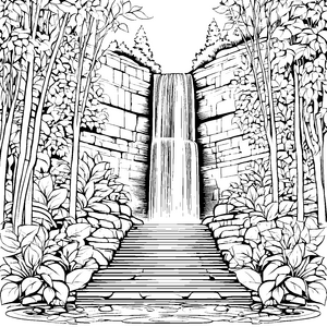 Faszinierender Wasserfall mit beruhigenden Treppen Ausmalvorlage für träumende Wassermagier