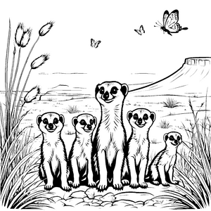 Fünf fröhliche Erdmännchen Jungtiere beim Schmausen Ausmalmotiv für lustige Tierentdecker und kreative Träumer