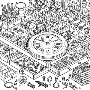 Faszinierendes Uhrmacher-Werkzeug mit geheimnisvollen Teilen Ausmalvorlage für erfinderische Jungmechaniker und neugierige Tüftler
