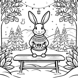 Witziger Hase im kuscheligen Weihnachtspullover auf der Bank Ausmalvorlage für fröhliche Winterkünstler