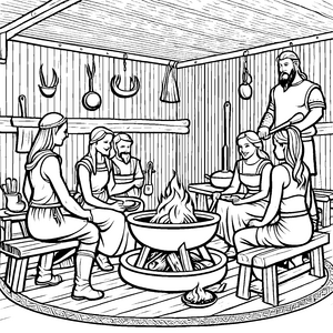 Wikinger beim fröhlichen Kochen in der gemütlichen Hütte Ausmalvorlage für abenteuerlustige Geschichtenerzähler