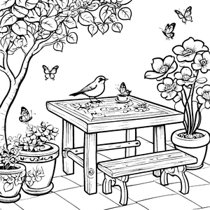 Antiker Tisch mit Vogel und Blumen Ausmalvorlage für kreative Naturfreunde