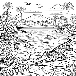 Begeisterndes Krokodil mit geöffnetem Maul am Wasser Malvorlage für kleine Abenteurer
