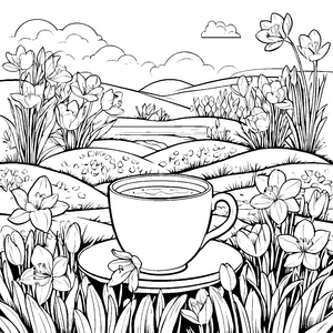 Kreative Kaffeetasse umgeben von Krokussen Ausmalbild für fantasievolle Naturkünstler mit sprühenden Ideen