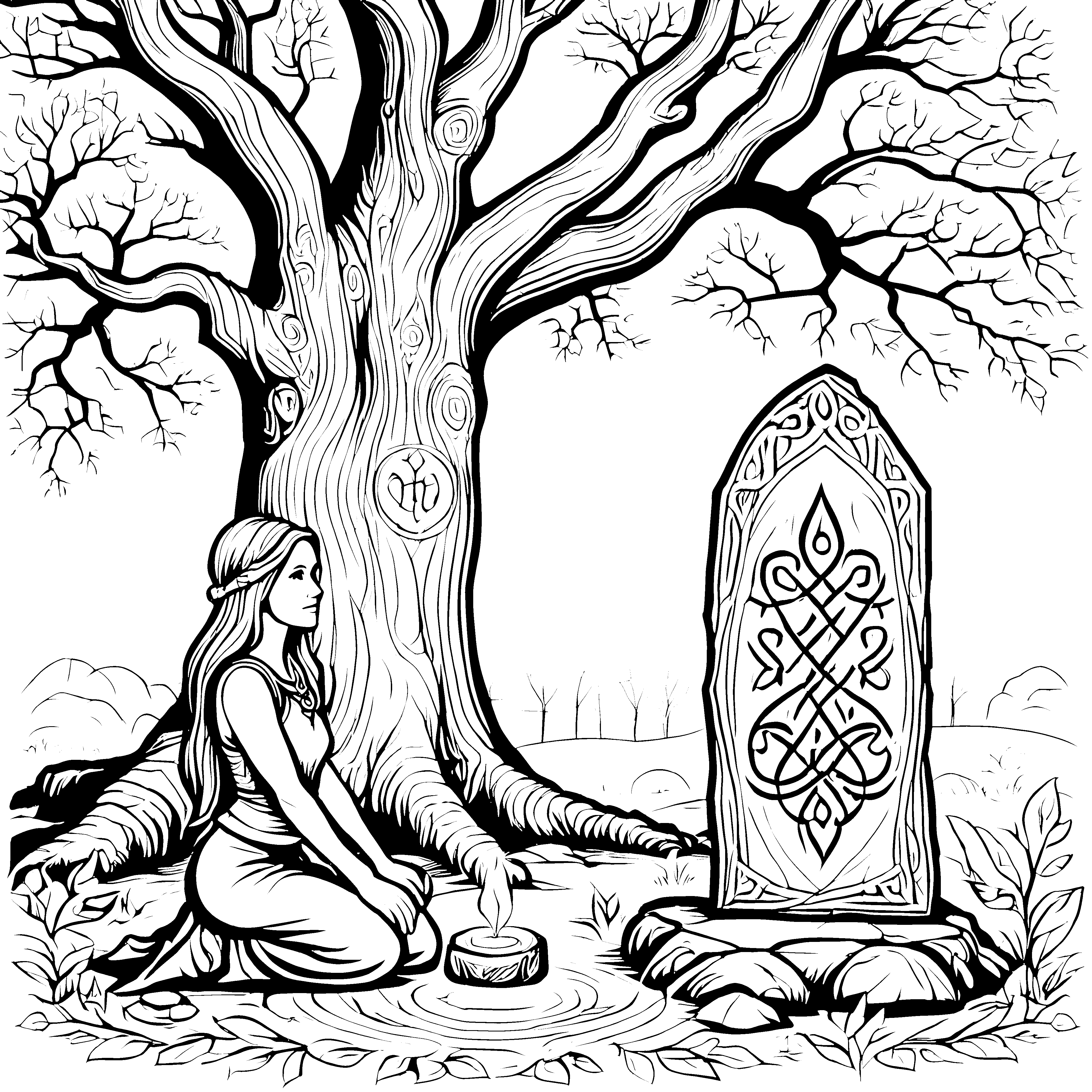 Geheime Druidenritual am alten Baum Ausmalvorlage für abenteuerlustige Künstler