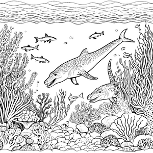 Beeindruckender Mosasaurus schwimmt durch geheimnisvolle Gewässer Ausmalvorlage für kleine Meeresschatzsucher und abenteuerlustige Künstler