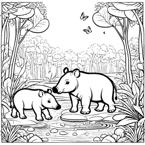 Zwei verspielte Tapir Jungtiere am glitzernden Teich Ausmalmotiv für kleine Naturabenteurer und neugierige Künstler