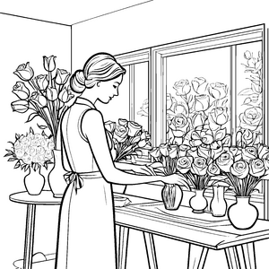 Floristische Meisterin mit duftenden Blütenständen Ausmalbild für kleine Blumenfreunde