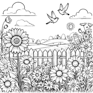 Inspirierender Schwarm fliegender Vögel über blühendem Garten Ausmalvorlage für fantasievolle Naturentdecker