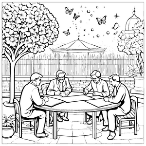 Philosophen im Garten mit fliegenden Schmetterlingen Ausmalmotiv für neugierige Denkerfreunde