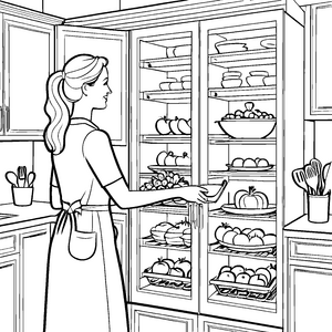 Bezaubernde Köchin beim Stöbern im Kühlschrank Ausmalbild für kleine Feinschmecker und mutige Rezeptentdecker