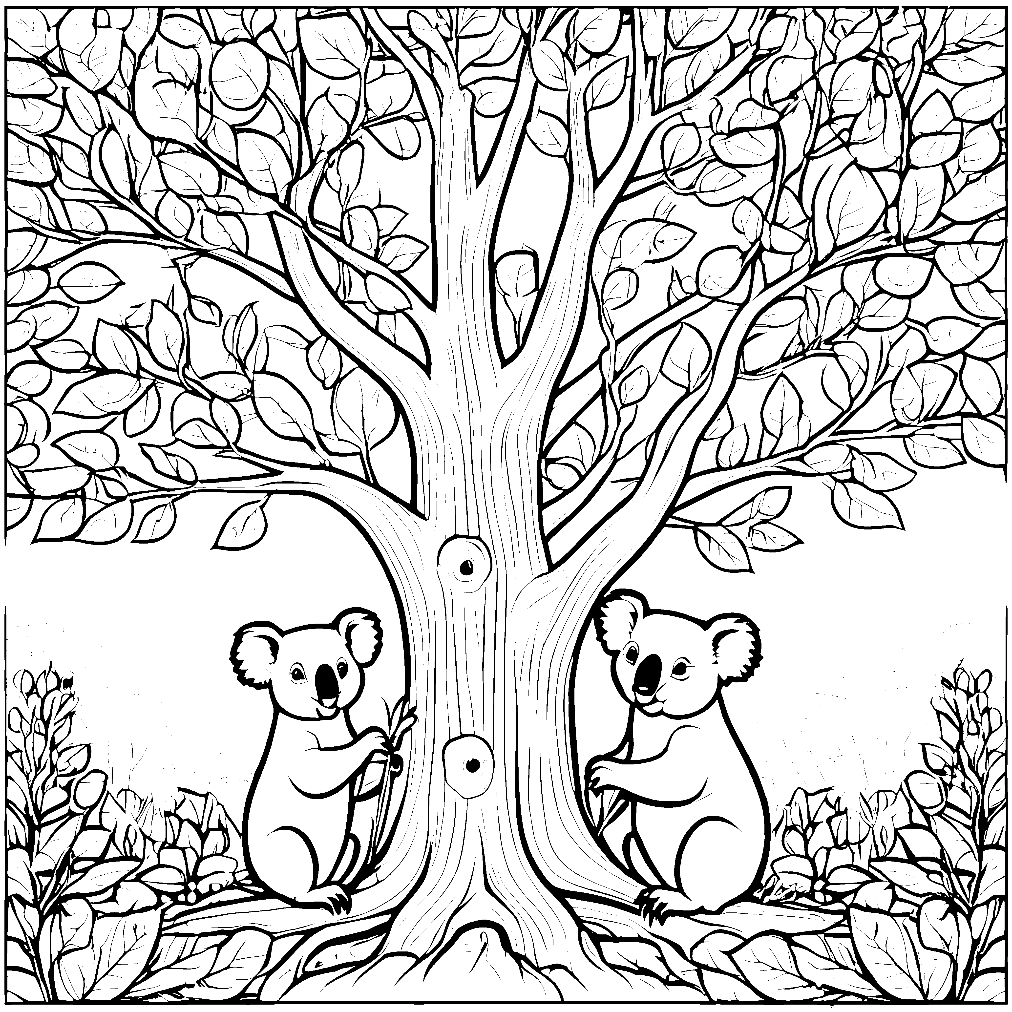Zwei neugierige Koalas erkunden einen Baum Ausmalbild für kleine Entdecker und Abenteurer