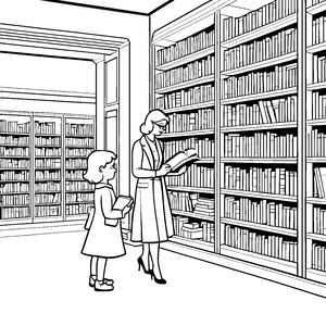 Fantasievolle Bibliothekarin mit zahlreichen Büchern Ausmalvorlage für wissbegierige Leseratten