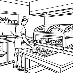 Schmackhafte Pizzen aus der Backstube Ausmalvorlage für junge Kochkünstler