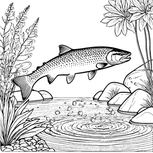 Spritziger Lachs springt über glitschige Steine Ausmalvorlage für kleine Wasserabenteurer