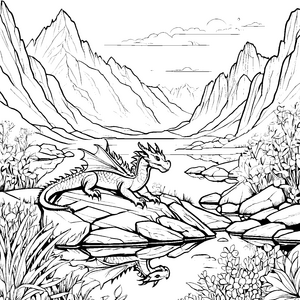 Nachdenklicher Drache am ruhigen Fluss Malbild für kreative Wasserzauberer