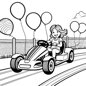 Abenteuerliches Go-Kart mit vereinnahmender Fahrerin und bunten Luftballons Ausmalvorlage für fröhliche Entdeckerinnen