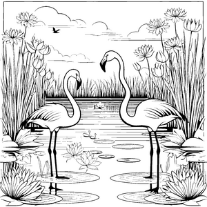 Farbenfrohe Flamingos am Ufer des Teiches Ausmalmotiv für kreative Wassersportler
