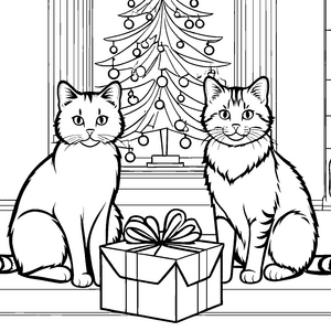 Zwei fröhliche Katzen vor festlichem Weihnachtsbaum Ausmalbild für kreative Weihnachtsfreunde