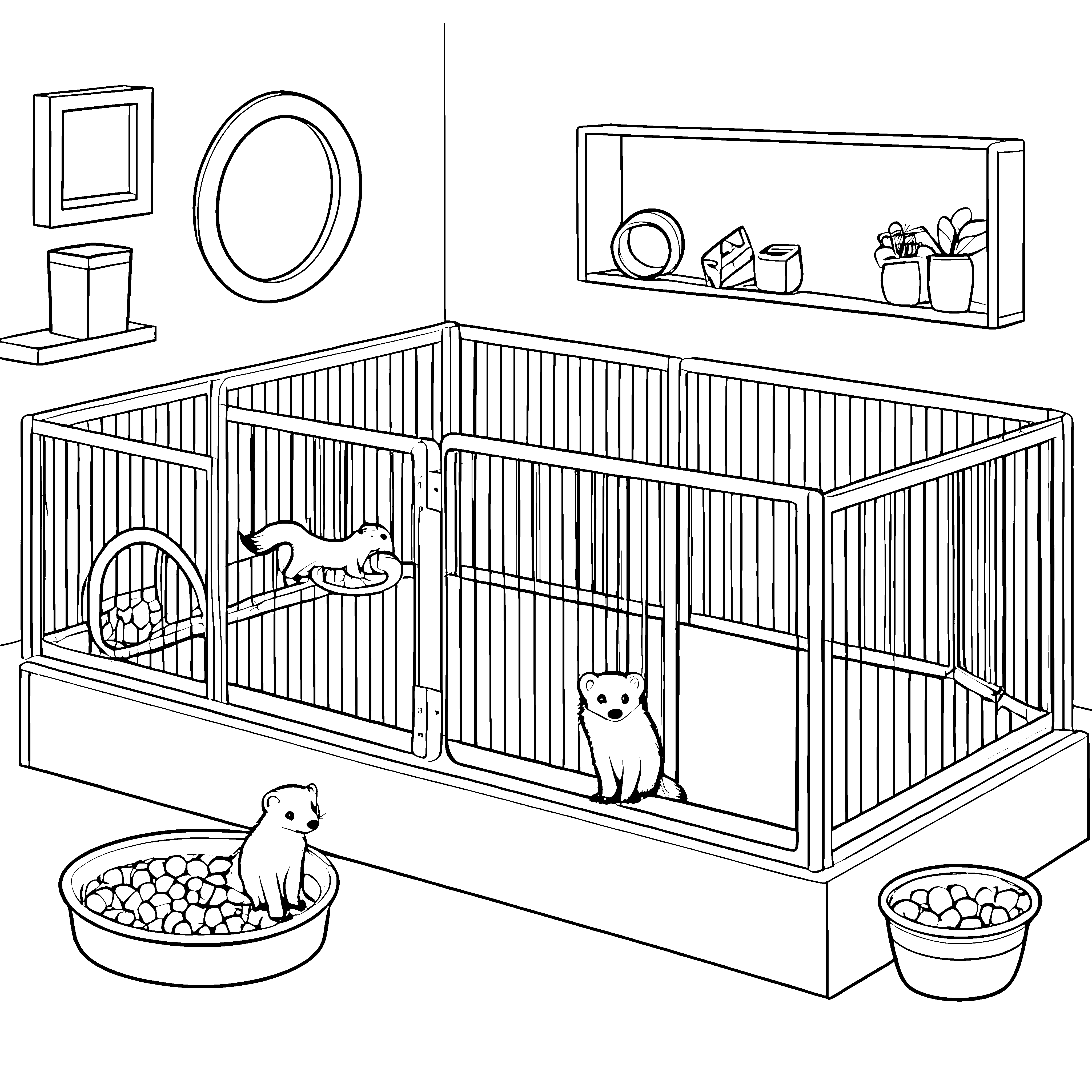 Frettchen in der bunten Vogelcage mit Katzenduo Ausmalbild für neugierige Tierliebhaber