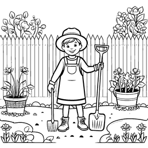 Entzückender Junge mit Schaufel im bunten Garten Malvorlage für kleine Pflanzenliebhaber