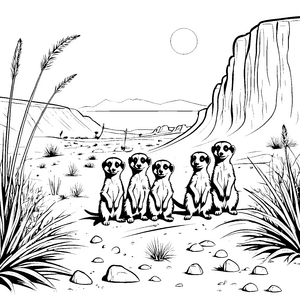 Fünf abenteuerlustige Erdmännchen Jungtiere in der Wüste Ausmalvorlage für kleine Dschungel-Entdecker und kreative Tierfreunde